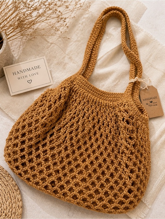 Handbags - Handmade Crochet Market Tote Bag - Camel